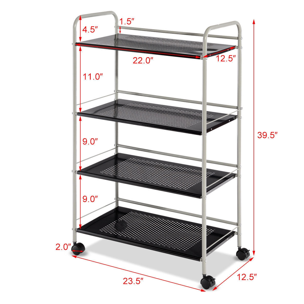 Metal Utility Storage Cart with Wheels and 4 Tier Shelves for Kitchen Bathroom Office – 23.5 Inch