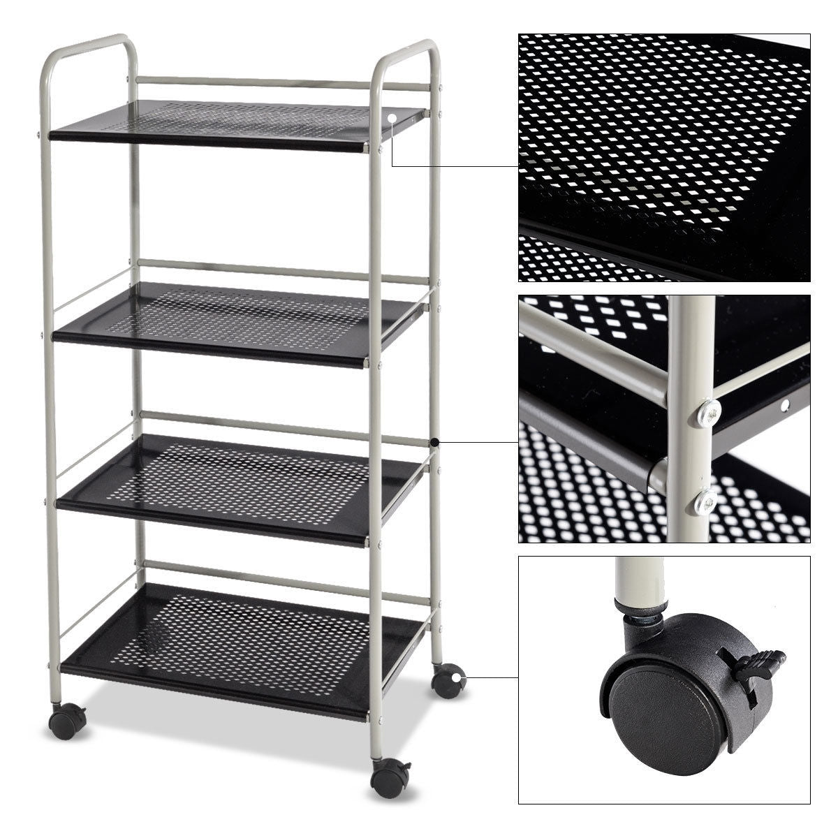 Metal Utility Storage Cart with Wheels and 4 Tier Shelves for Kitchen Bathroom Office – 19.5 Inch