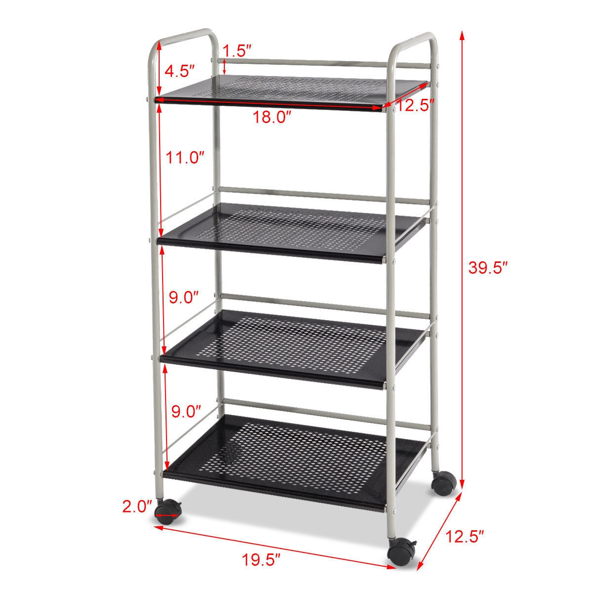 Metal Utility Storage Cart with Wheels and 4 Tier Shelves for Kitchen Bathroom Office – 19.5 Inch