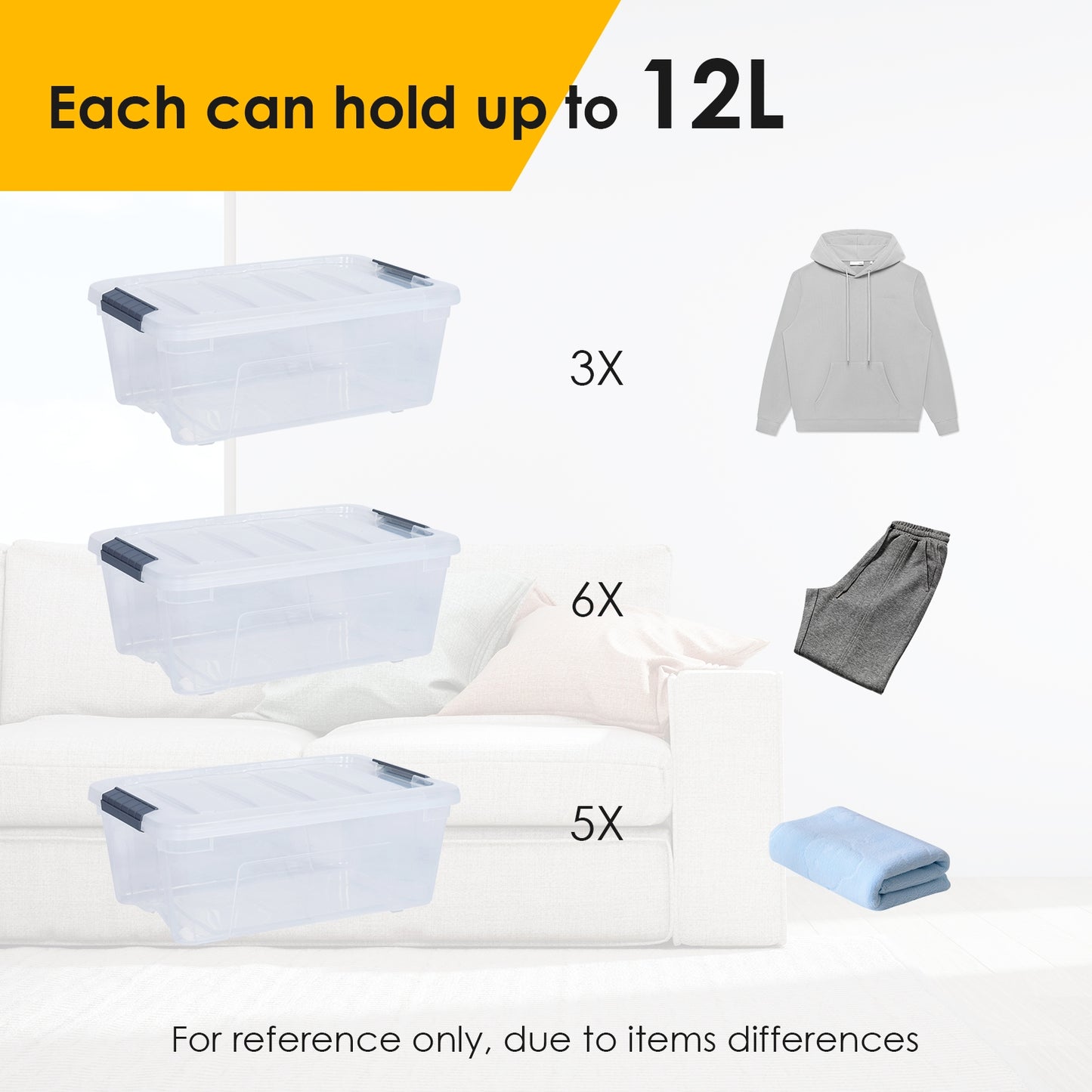12 Pack Transparent Latch Storage Bins - 156 Quart Stackable Plastic Storage Tubs with Secure Lids for Organizing Home, Office, and Garage