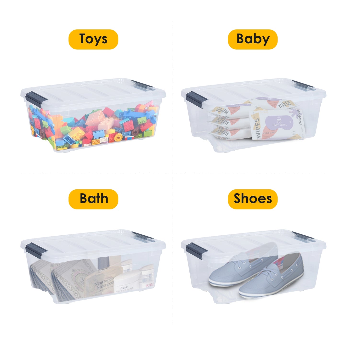 12 Pack Transparent Latch Storage Bins - 156 Quart Stackable Plastic Storage Tubs with Secure Lids for Organizing Home, Office, and Garage