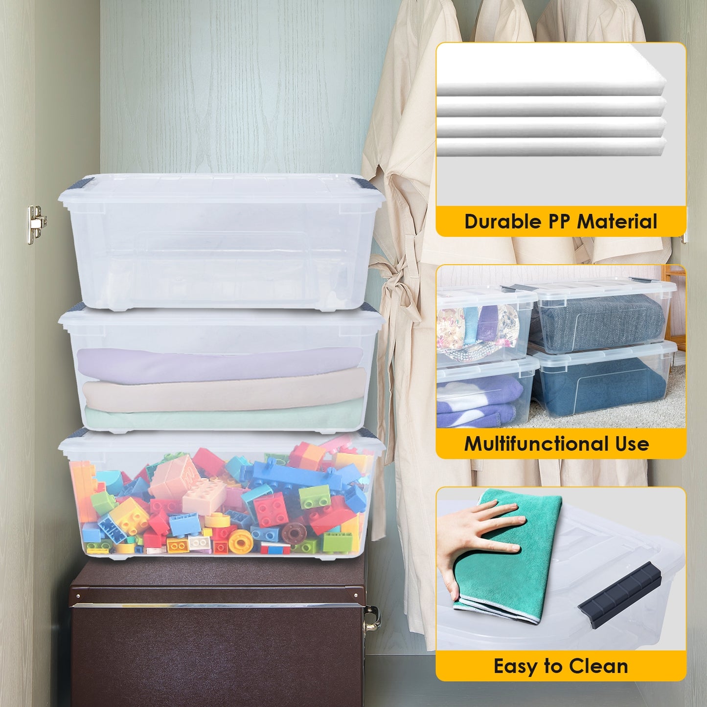 12 Pack Transparent Latch Storage Bins - 156 Quart Stackable Plastic Storage Tubs with Secure Lids for Organizing Home, Office, and Garage