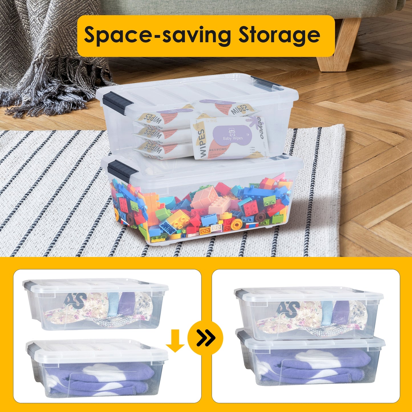 12 Pack Transparent Latch Storage Bins - 156 Quart Stackable Plastic Storage Tubs with Secure Lids for Organizing Home, Office, and Garage