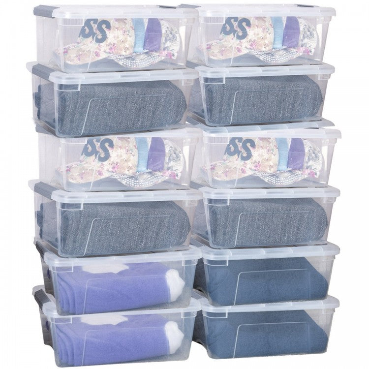 12 Pack Transparent Latch Storage Bins - 156 Quart Stackable Plastic Storage Tubs with Secure Lids for Organizing Home, Office, and Garage