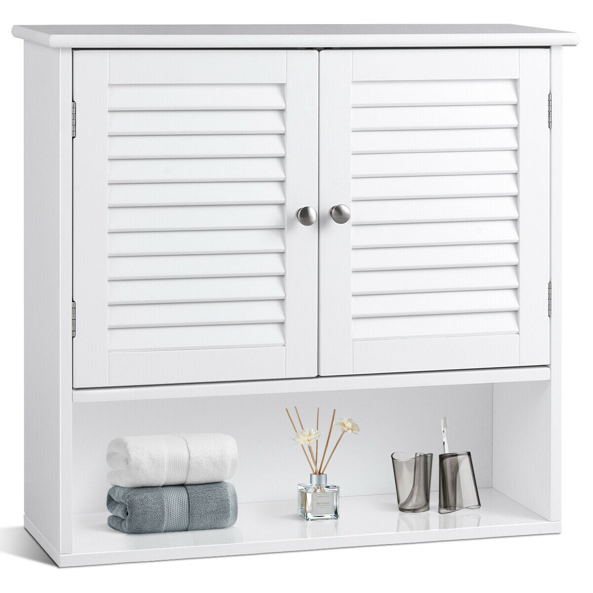 Modern Wall-Mounted Bathroom Cabinet with Louvered Doors and Storage Shelf