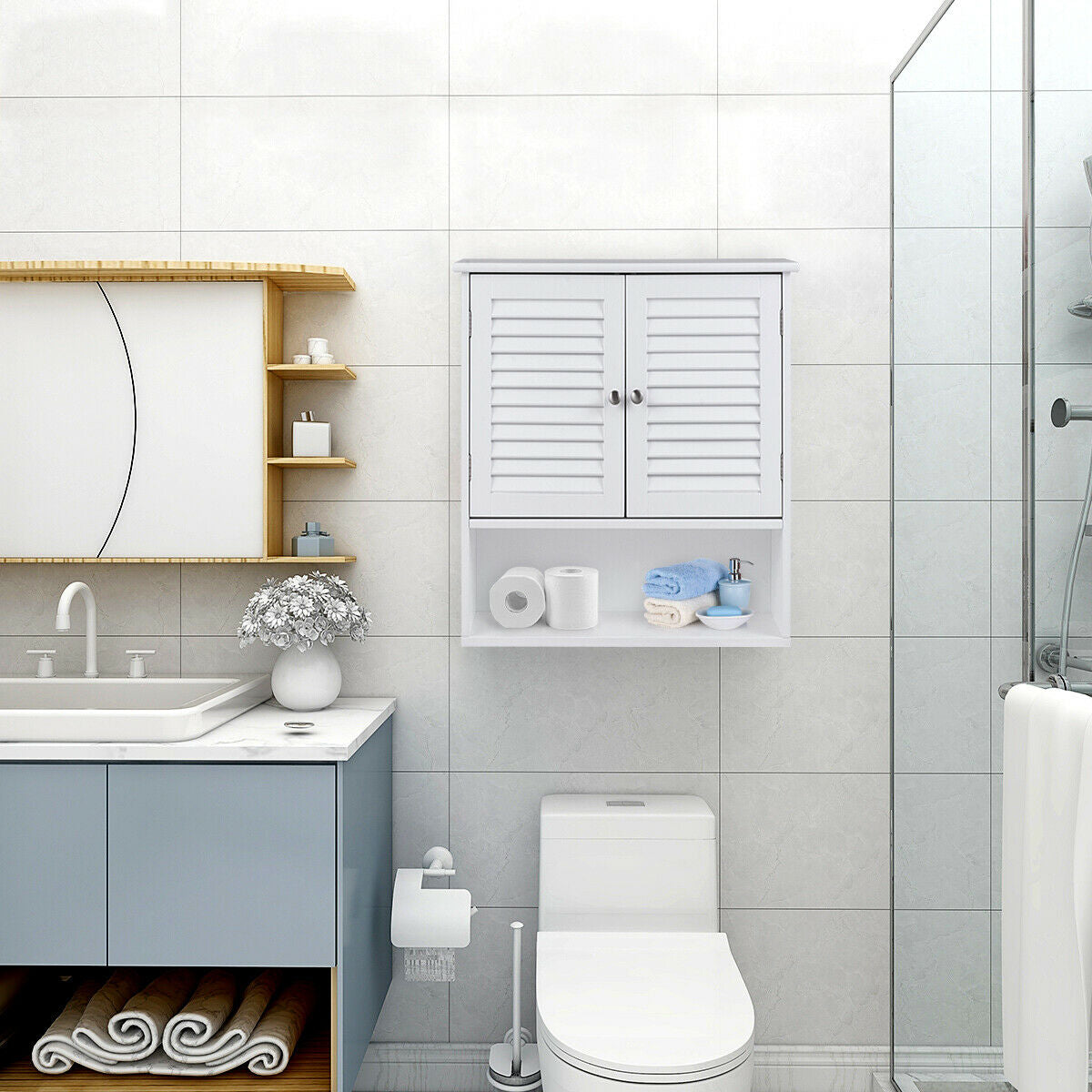 Modern Wall-Mounted Bathroom Cabinet with Louvered Doors and Storage Shelf