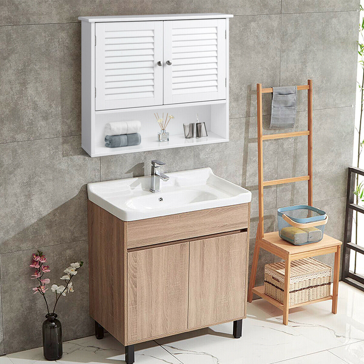 Modern Wall-Mounted Bathroom Cabinet with Louvered Doors and Storage Shelf