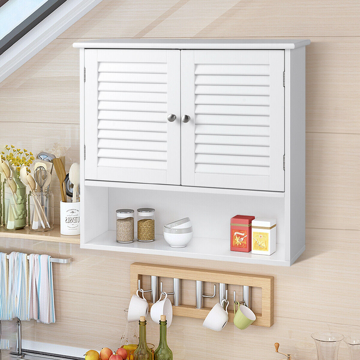 Modern Wall-Mounted Bathroom Cabinet with Louvered Doors and Storage Shelf