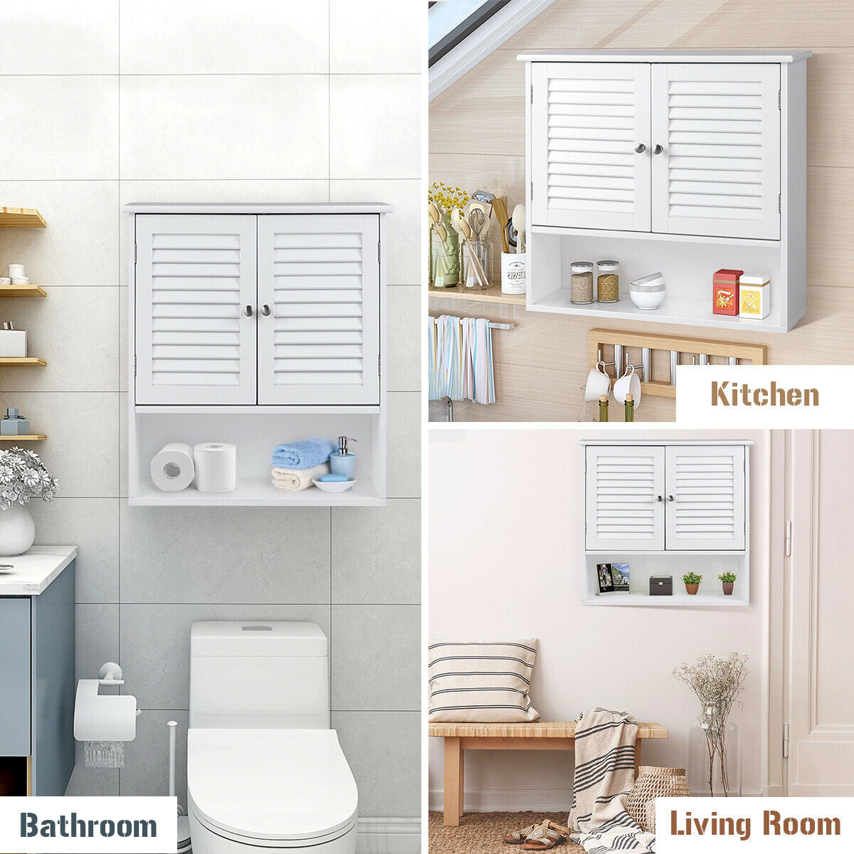 Modern Wall-Mounted Bathroom Cabinet with Louvered Doors and Storage Shelf