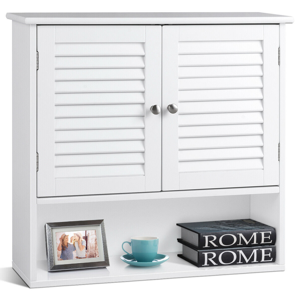 Modern Wall-Mounted Bathroom Cabinet with Louvered Doors and Storage Shelf