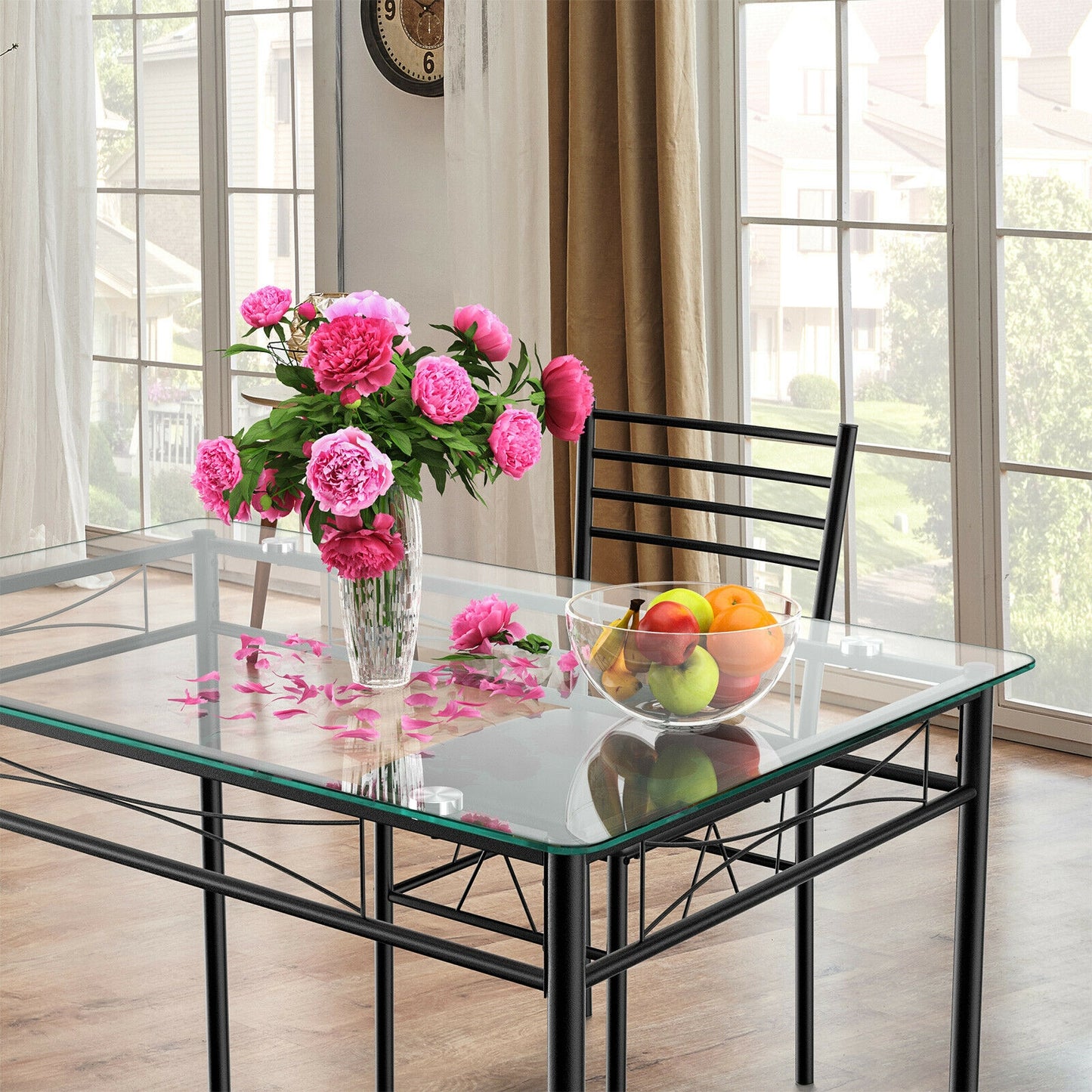 Modern 5 Piece Glass Dining Table Set with Cushioned Chairs and Metal Frame