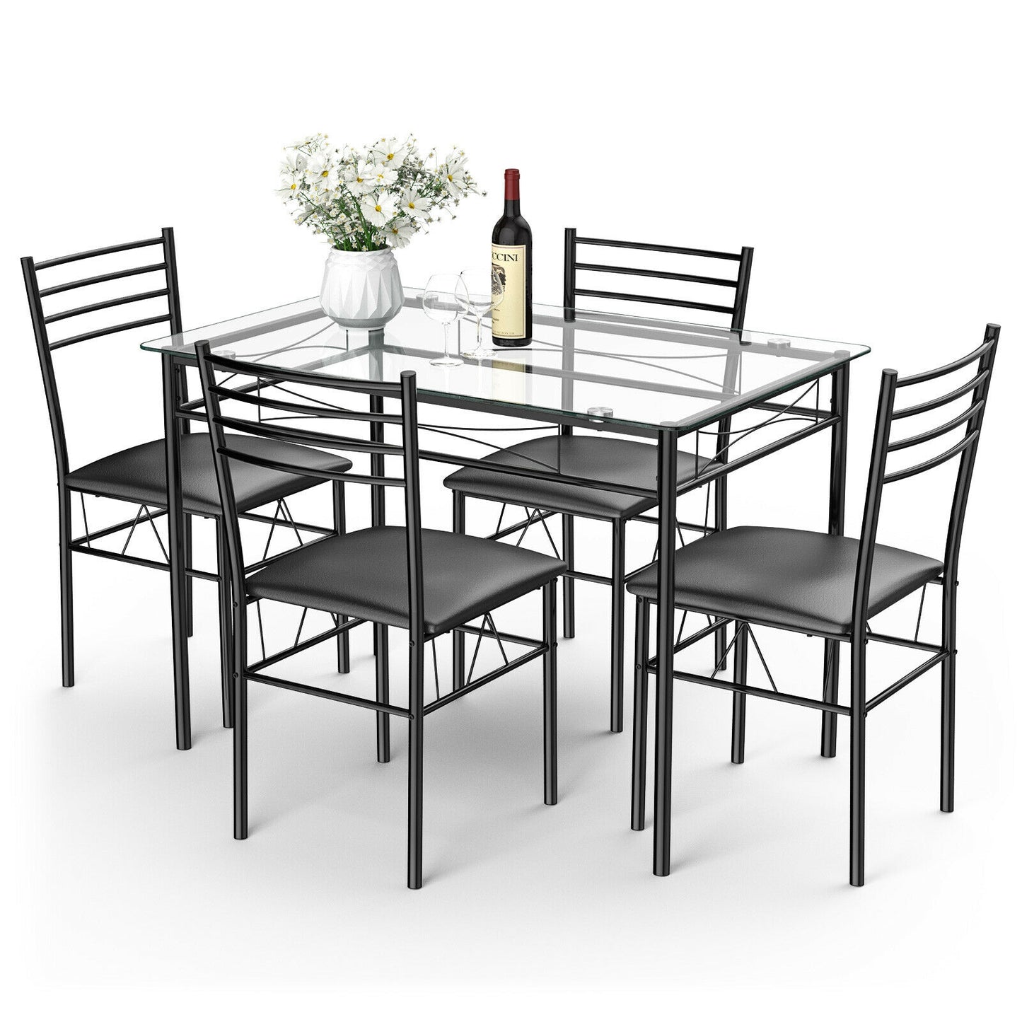 Modern 5 Piece Glass Dining Table Set with Cushioned Chairs and Metal Frame