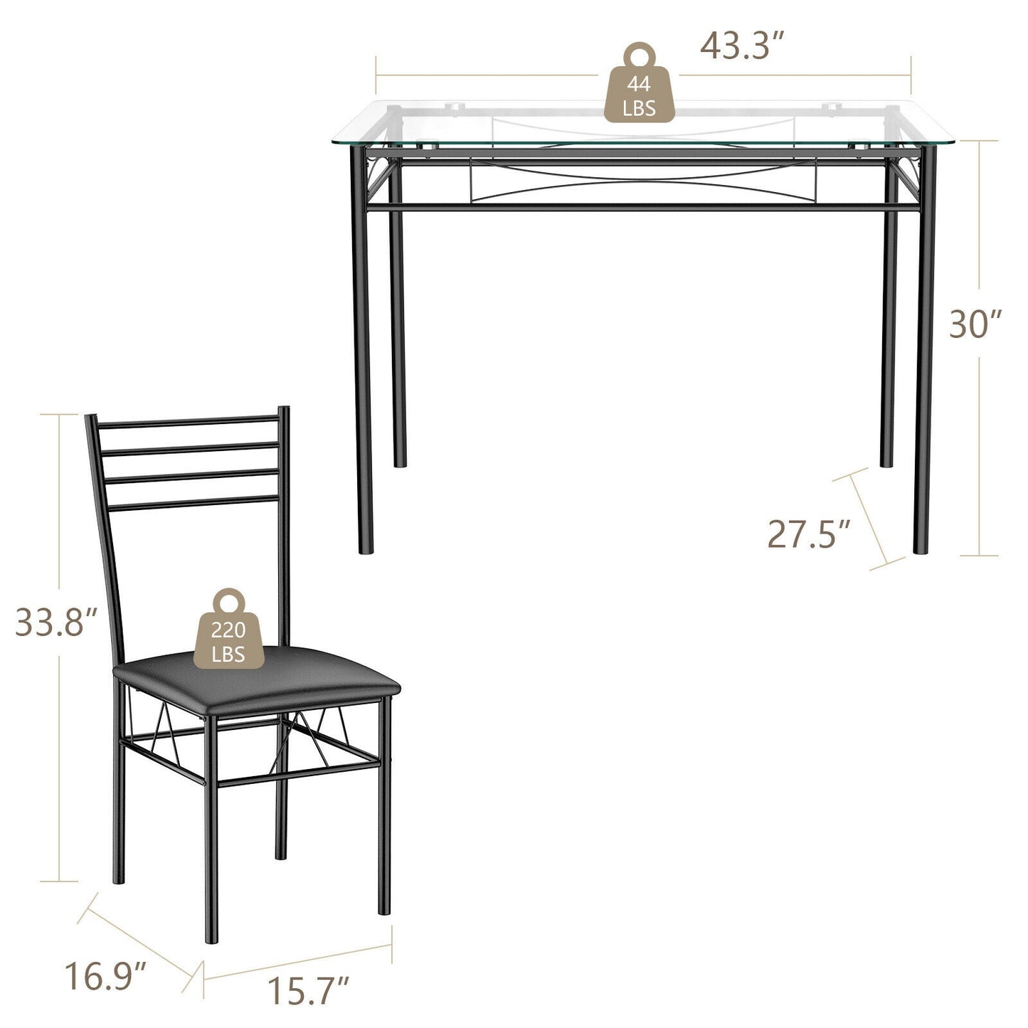 Modern 5 Piece Glass Dining Table Set with Cushioned Chairs and Metal Frame