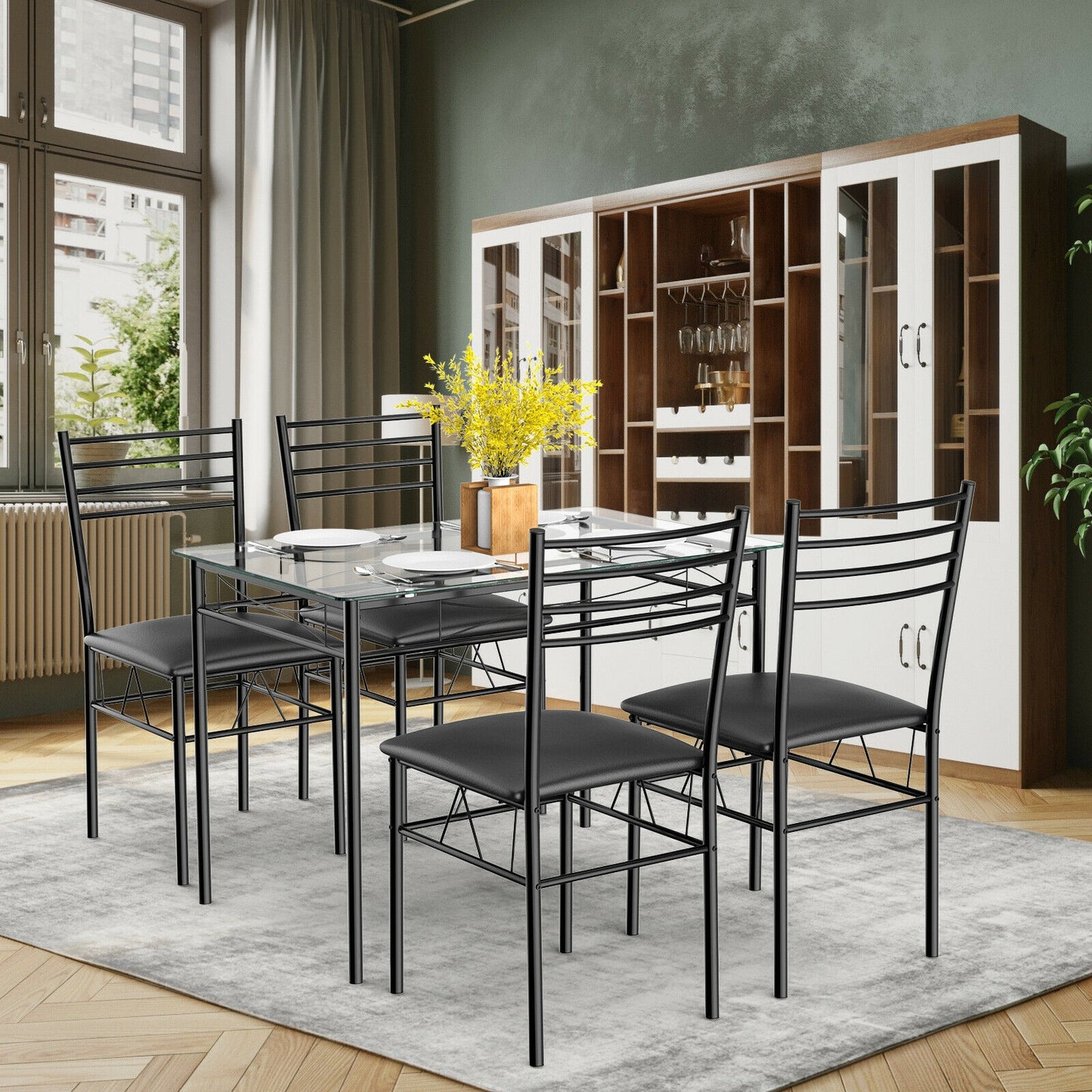 Modern 5 Piece Glass Dining Table Set with Cushioned Chairs and Metal Frame