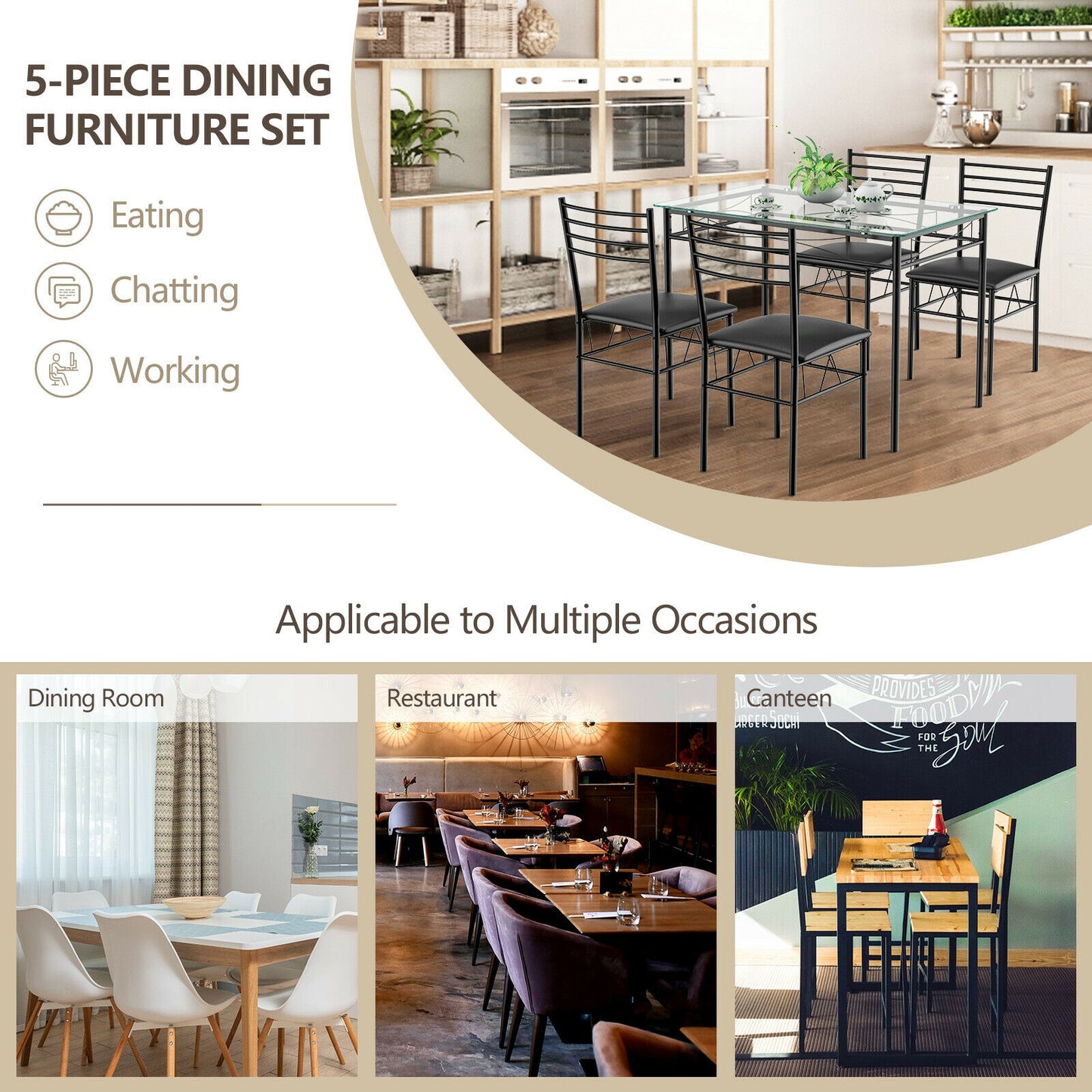 Modern 5 Piece Glass Dining Table Set with Cushioned Chairs and Metal Frame