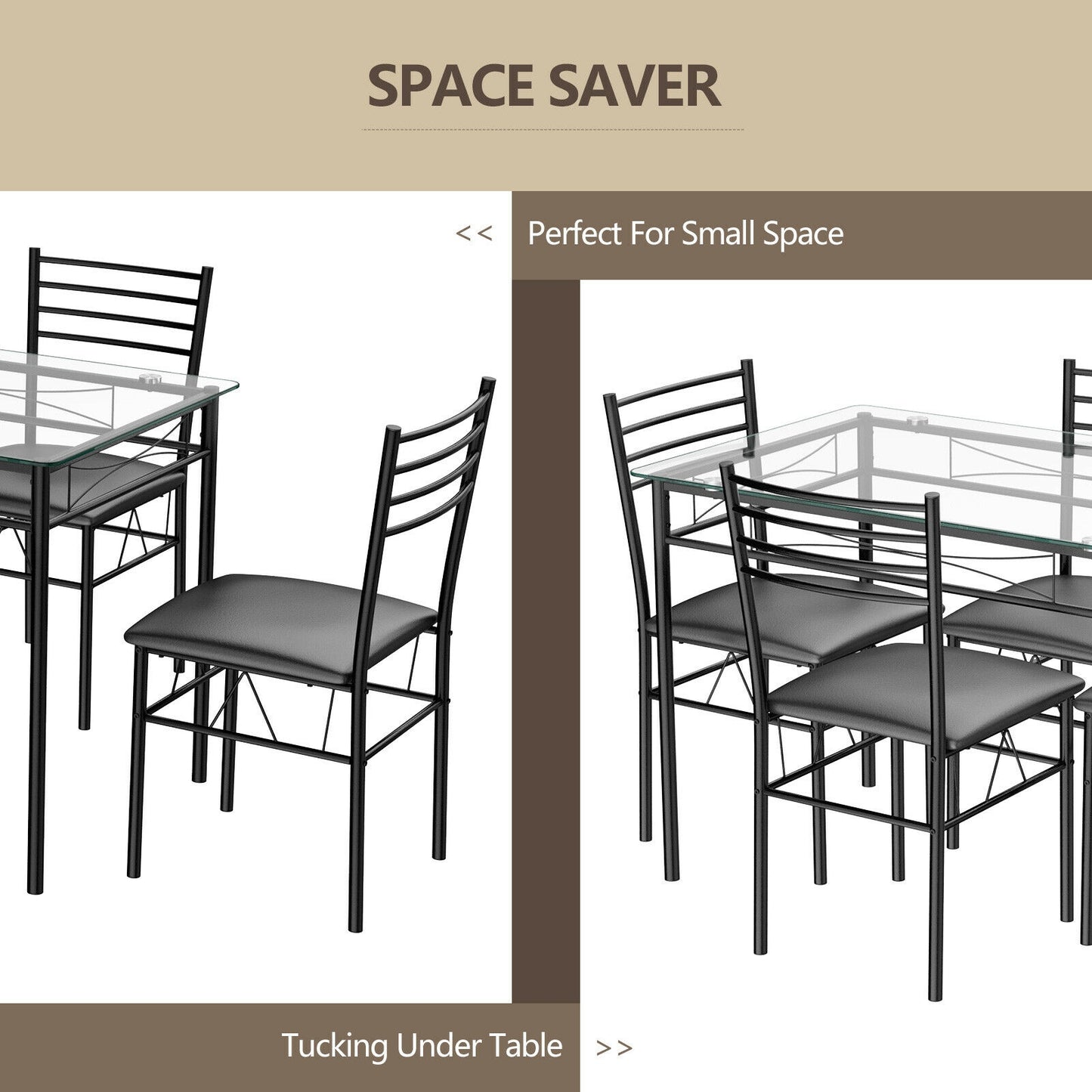Modern 5 Piece Glass Dining Table Set with Cushioned Chairs and Metal Frame