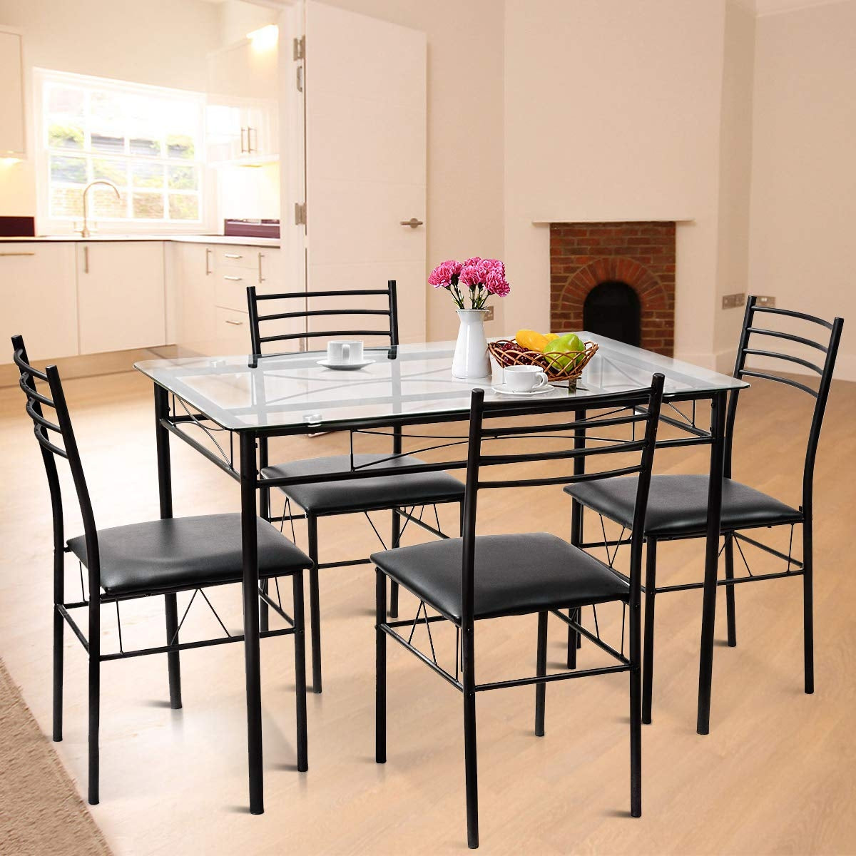 Modern 5 Piece Glass Dining Table Set with Cushioned Chairs and Metal Frame