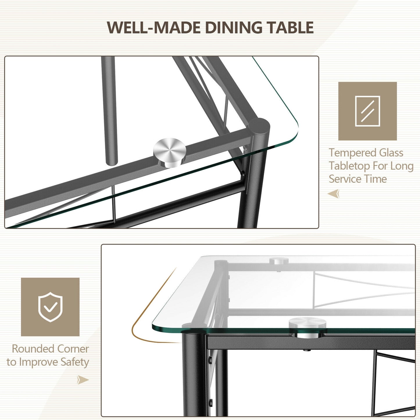 Modern 5 Piece Glass Dining Table Set with Cushioned Chairs and Metal Frame