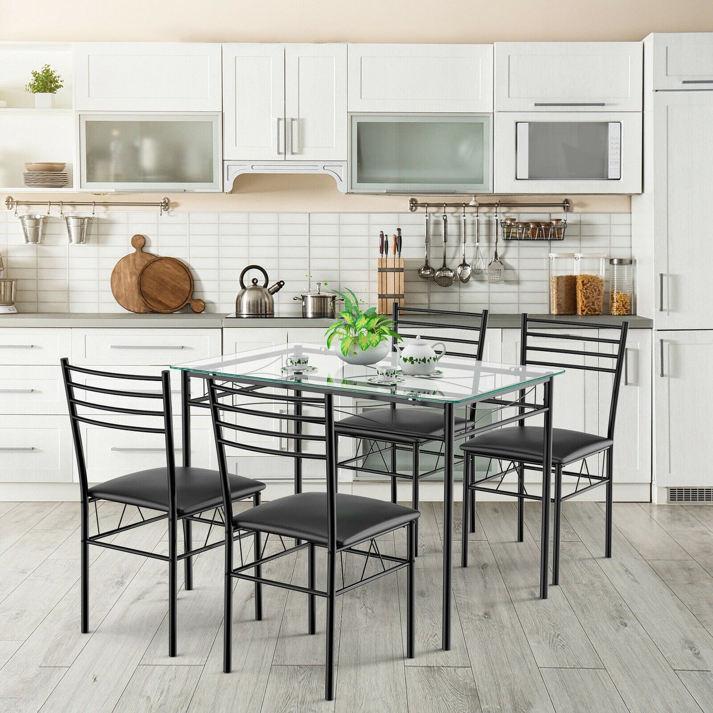 Modern 5 Piece Glass Dining Table Set with Cushioned Chairs and Metal Frame