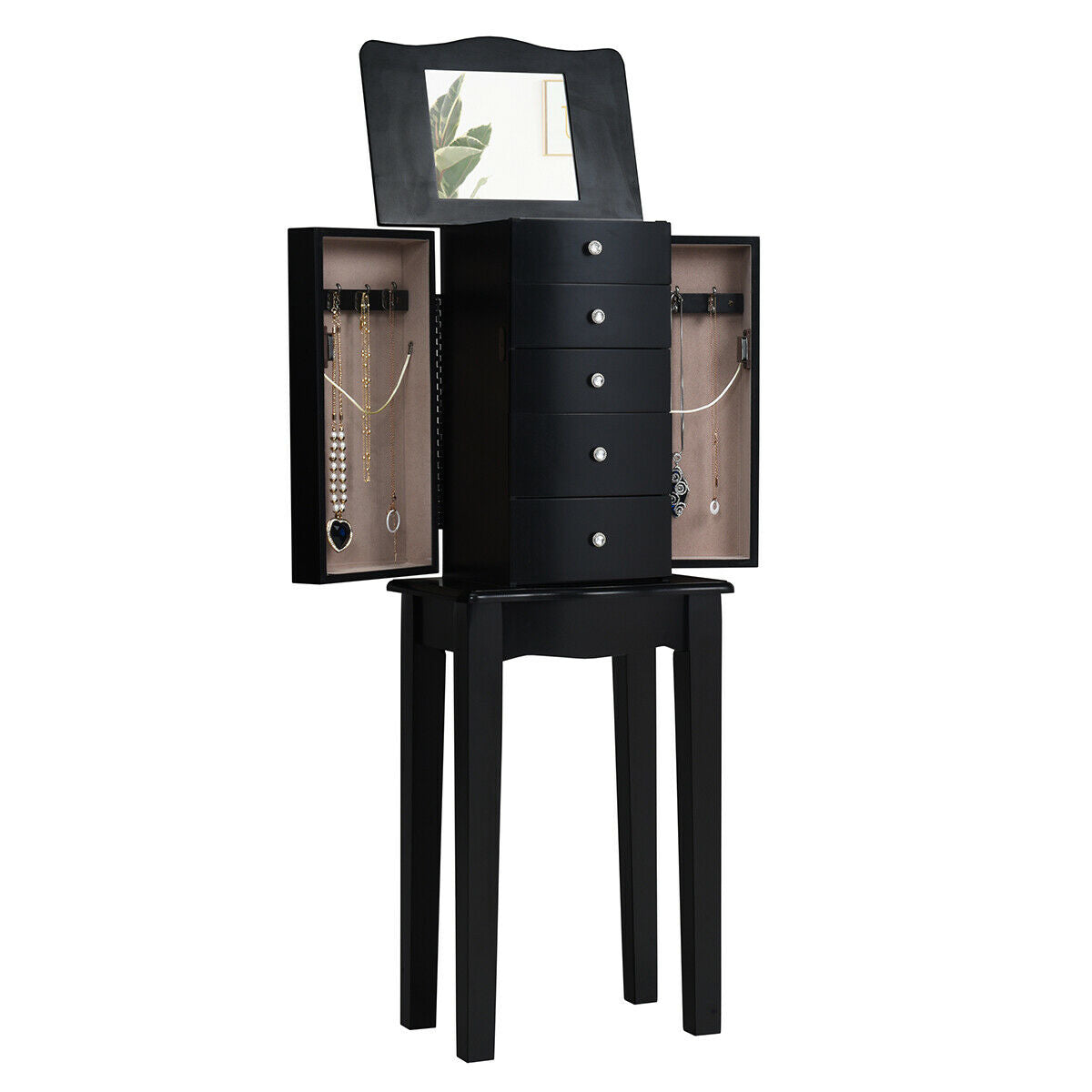 Elegant Wood Mirrored Jewelry Storage Cabinet with Drawers and Swing-Out Doors