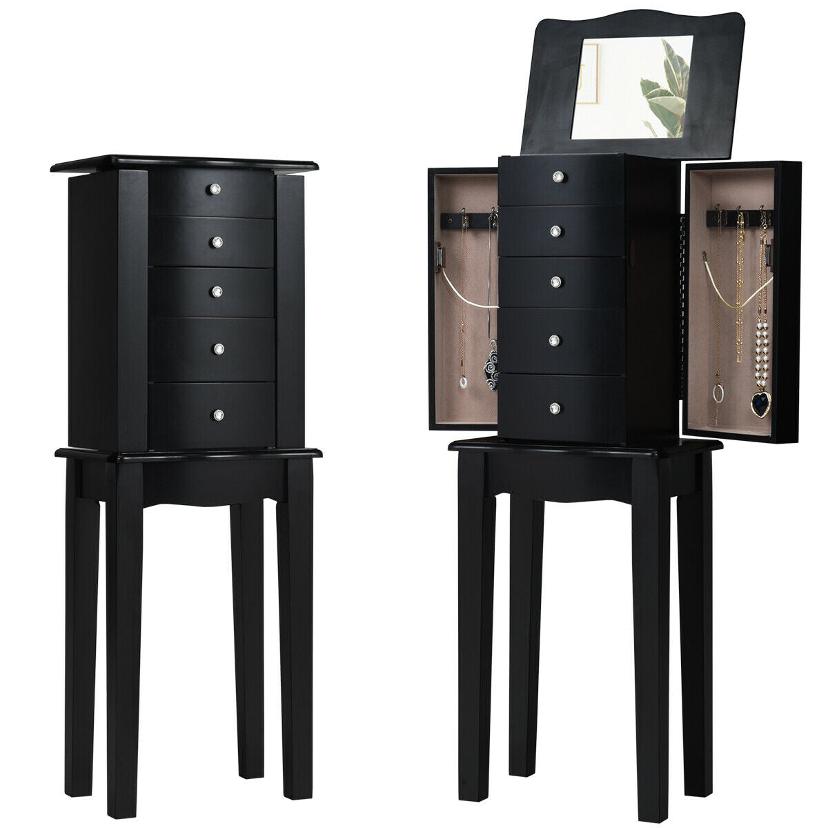 Elegant Wood Mirrored Jewelry Storage Cabinet with Drawers and Swing-Out Doors