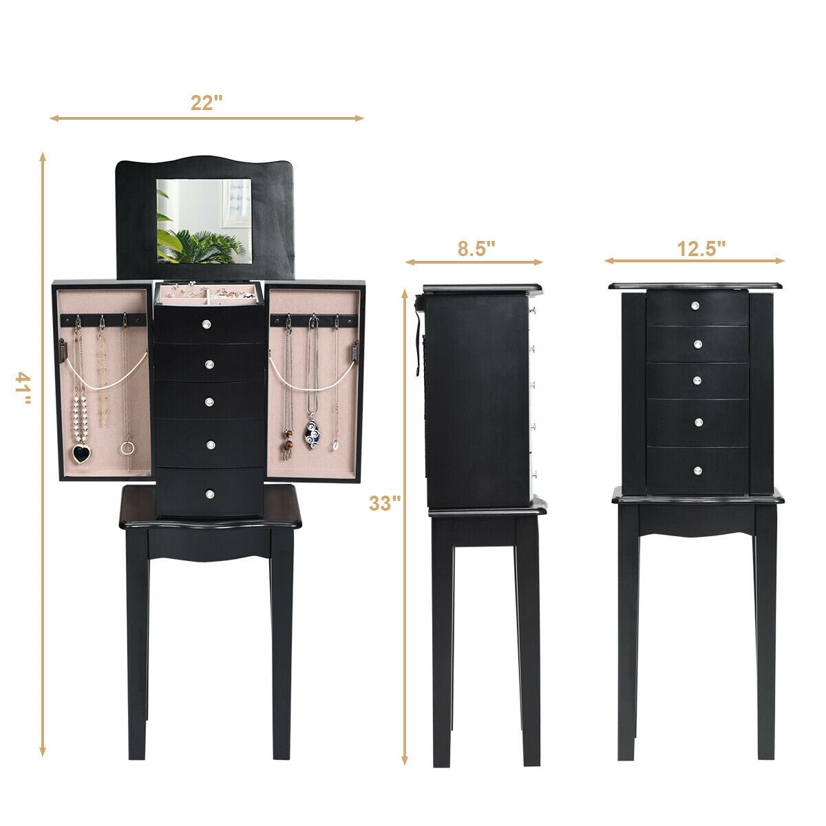 Elegant Wood Mirrored Jewelry Storage Cabinet with Drawers and Swing-Out Doors