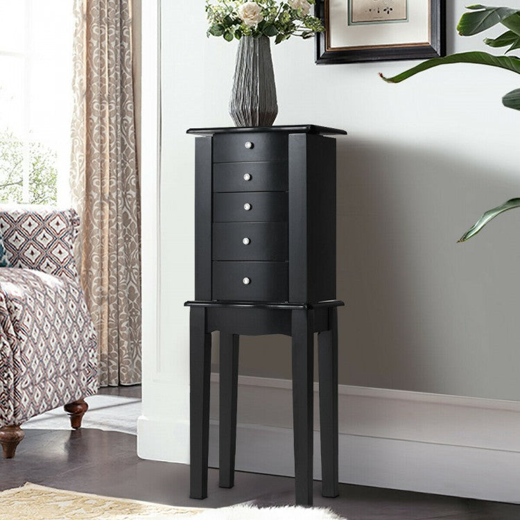 Elegant Wood Mirrored Jewelry Storage Cabinet with Drawers and Swing-Out Doors