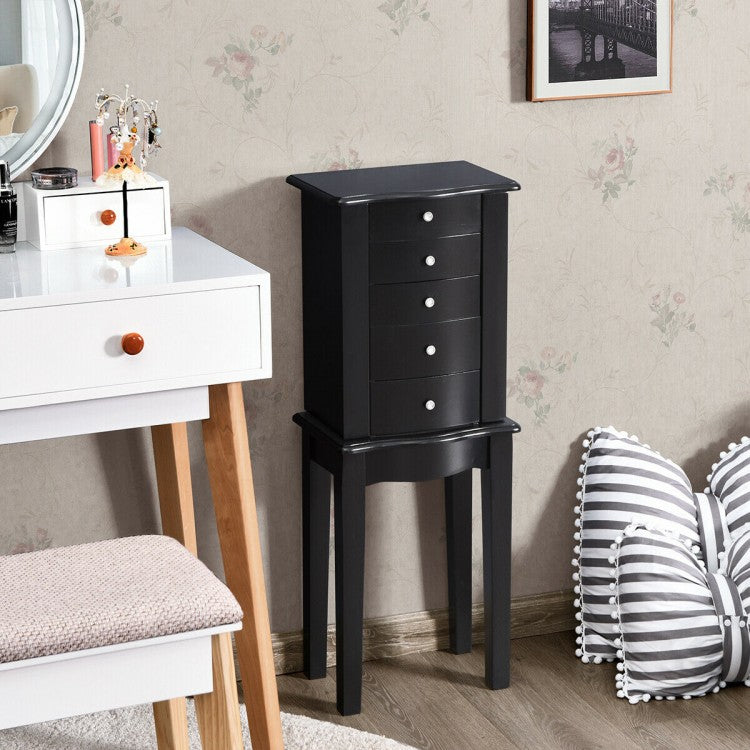 Elegant Wood Mirrored Jewelry Storage Cabinet with Drawers and Swing-Out Doors