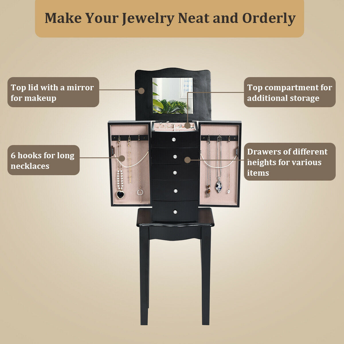 Elegant Wood Mirrored Jewelry Storage Cabinet with Drawers and Swing-Out Doors