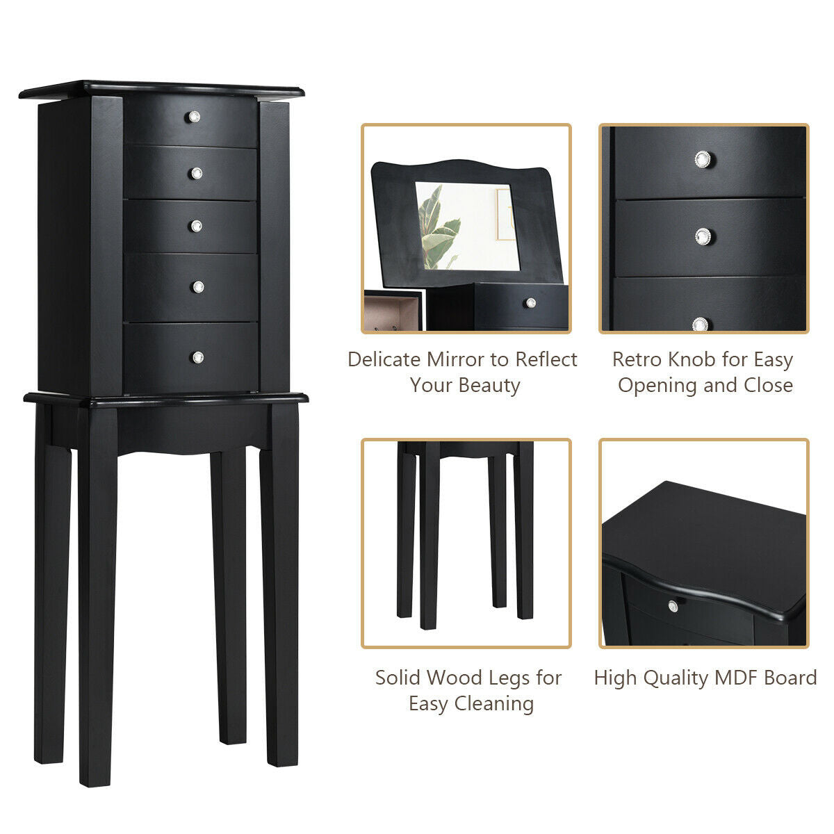 Elegant Wood Mirrored Jewelry Storage Cabinet with Drawers and Swing-Out Doors