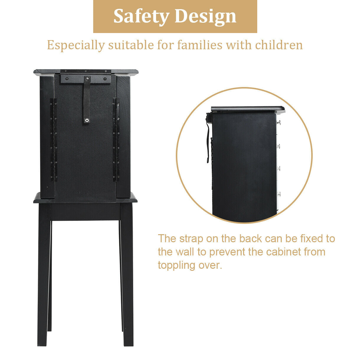 Elegant Wood Mirrored Jewelry Storage Cabinet with Drawers and Swing-Out Doors