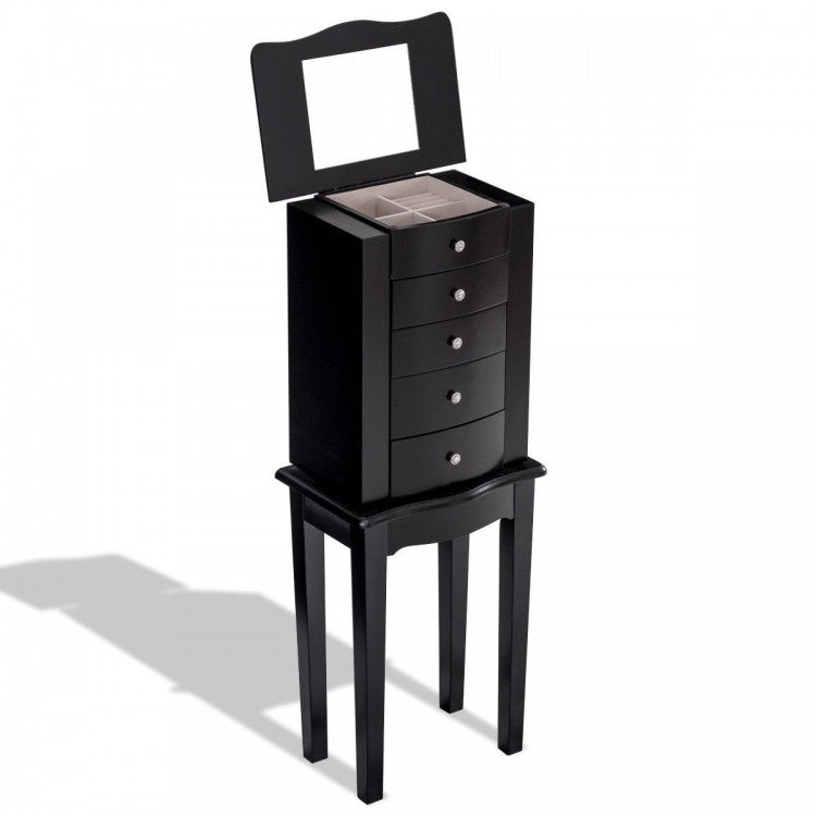 Elegant Wood Mirrored Jewelry Storage Cabinet with Drawers and Swing-Out Doors