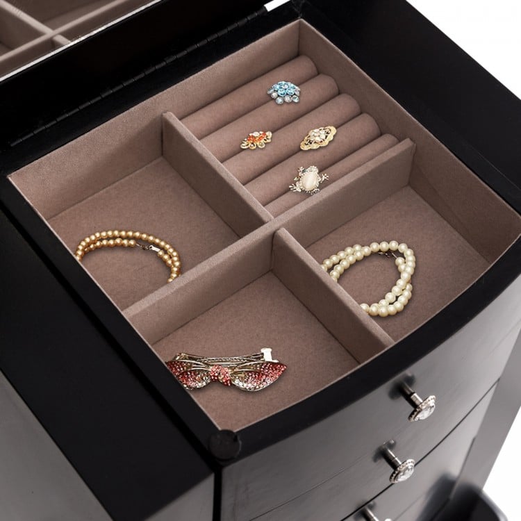 Elegant Wood Mirrored Jewelry Storage Cabinet with Drawers and Swing-Out Doors