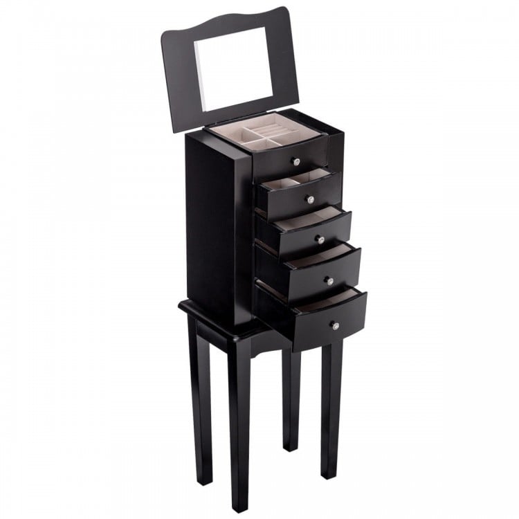 Elegant Wood Mirrored Jewelry Storage Cabinet with Drawers and Swing-Out Doors