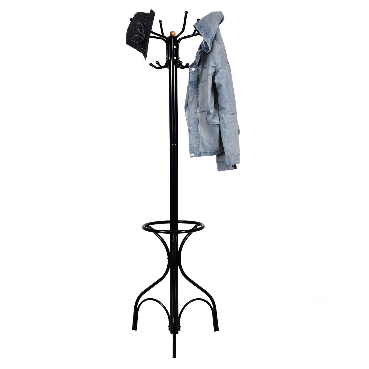 Freestanding Vintage Metal Coat Rack with Hat Hooks and Umbrella Holder