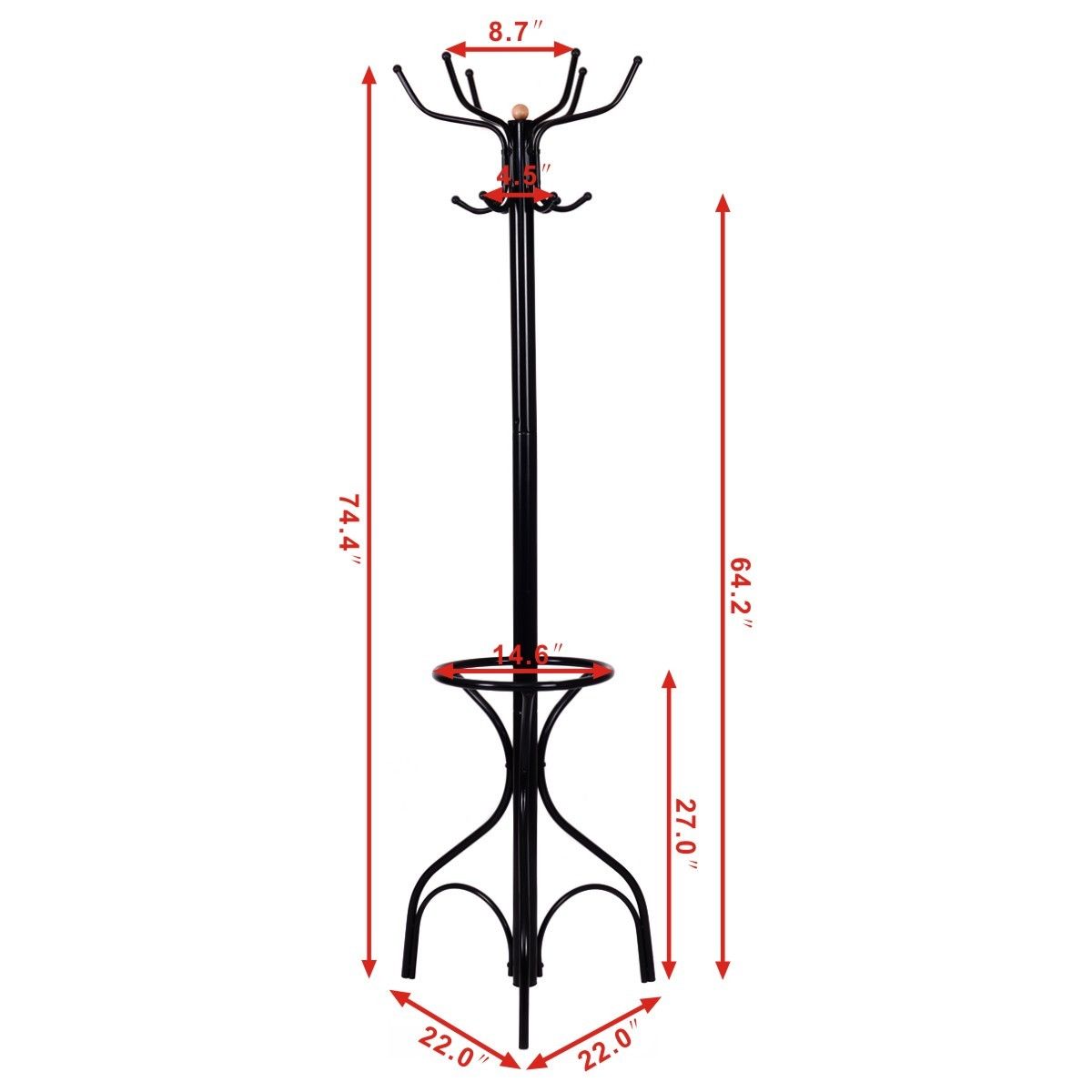 Freestanding Vintage Metal Coat Rack with Hat Hooks and Umbrella Holder