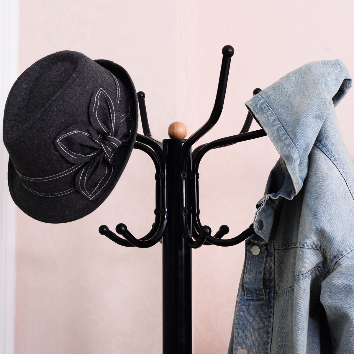 Freestanding Vintage Metal Coat Rack with Hat Hooks and Umbrella Holder