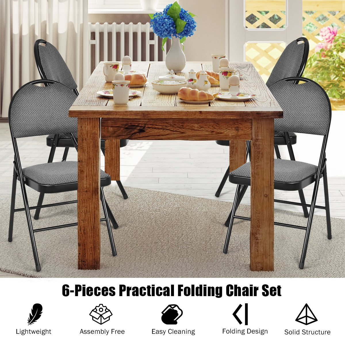 Set of 6 Portable Folding Chairs with Padded Seats for Office Kitchen Dining - Black