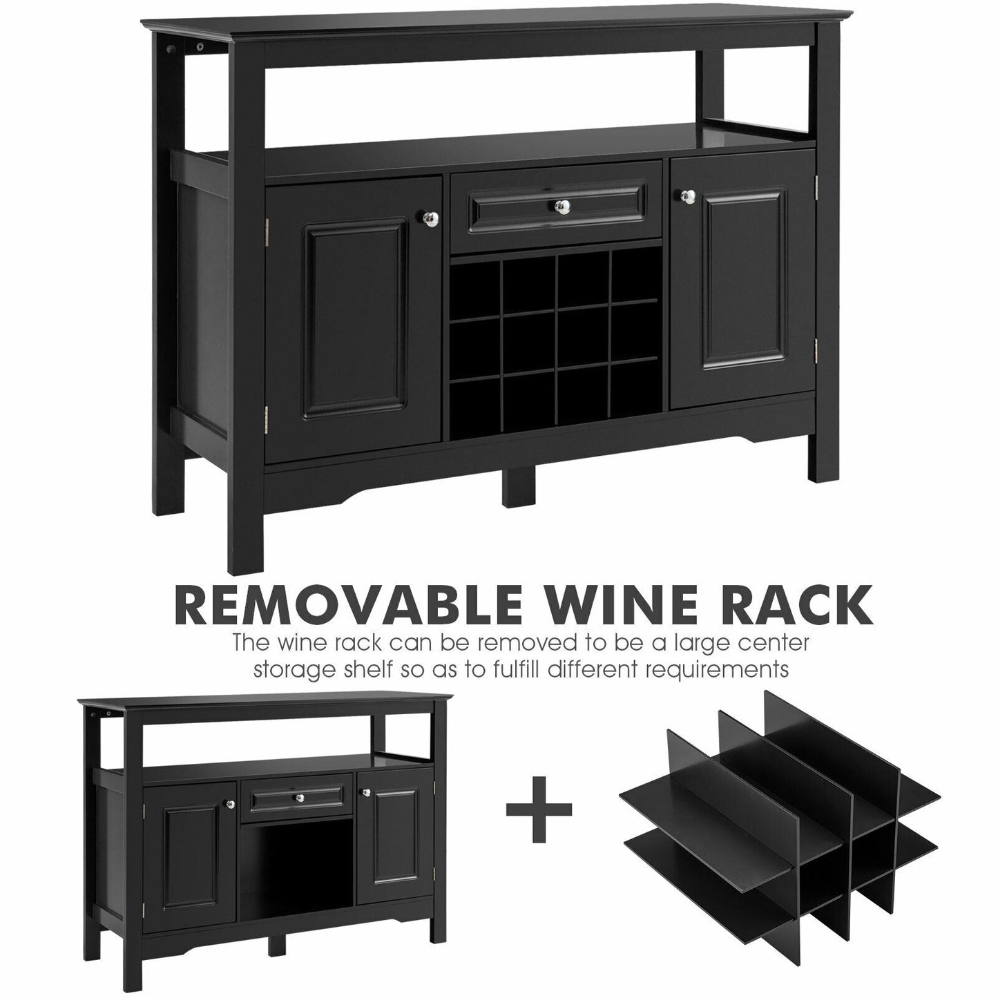 Freestanding Wine Buffet Cabinet with 12 Bottle Rack Storage Drawer and Side Cupboards - Black