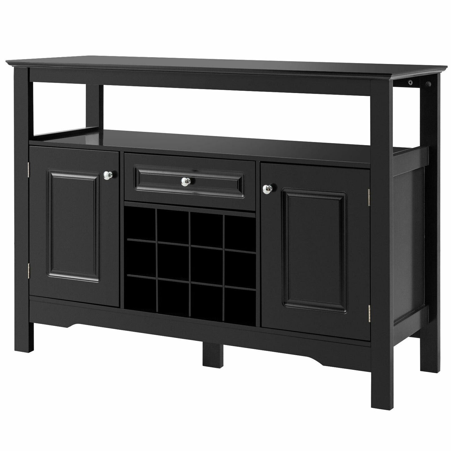 Freestanding Wine Buffet Cabinet with 12 Bottle Rack Storage Drawer and Side Cupboards - Black