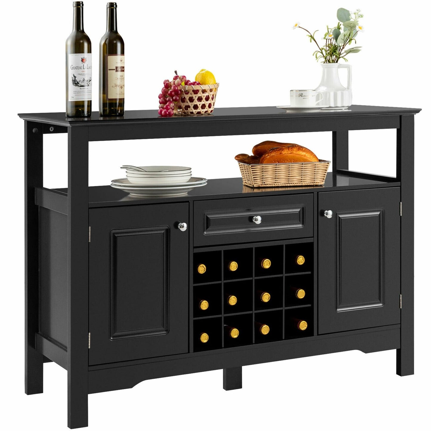 Freestanding Wine Buffet Cabinet with 12 Bottle Rack Storage Drawer and Side Cupboards - Black