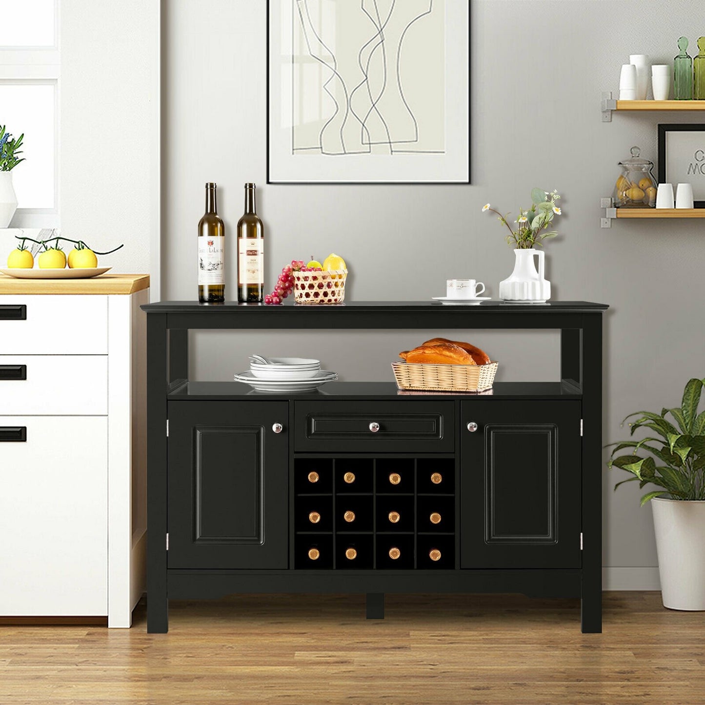 Freestanding Wine Buffet Cabinet with 12 Bottle Rack Storage Drawer and Side Cupboards - Black