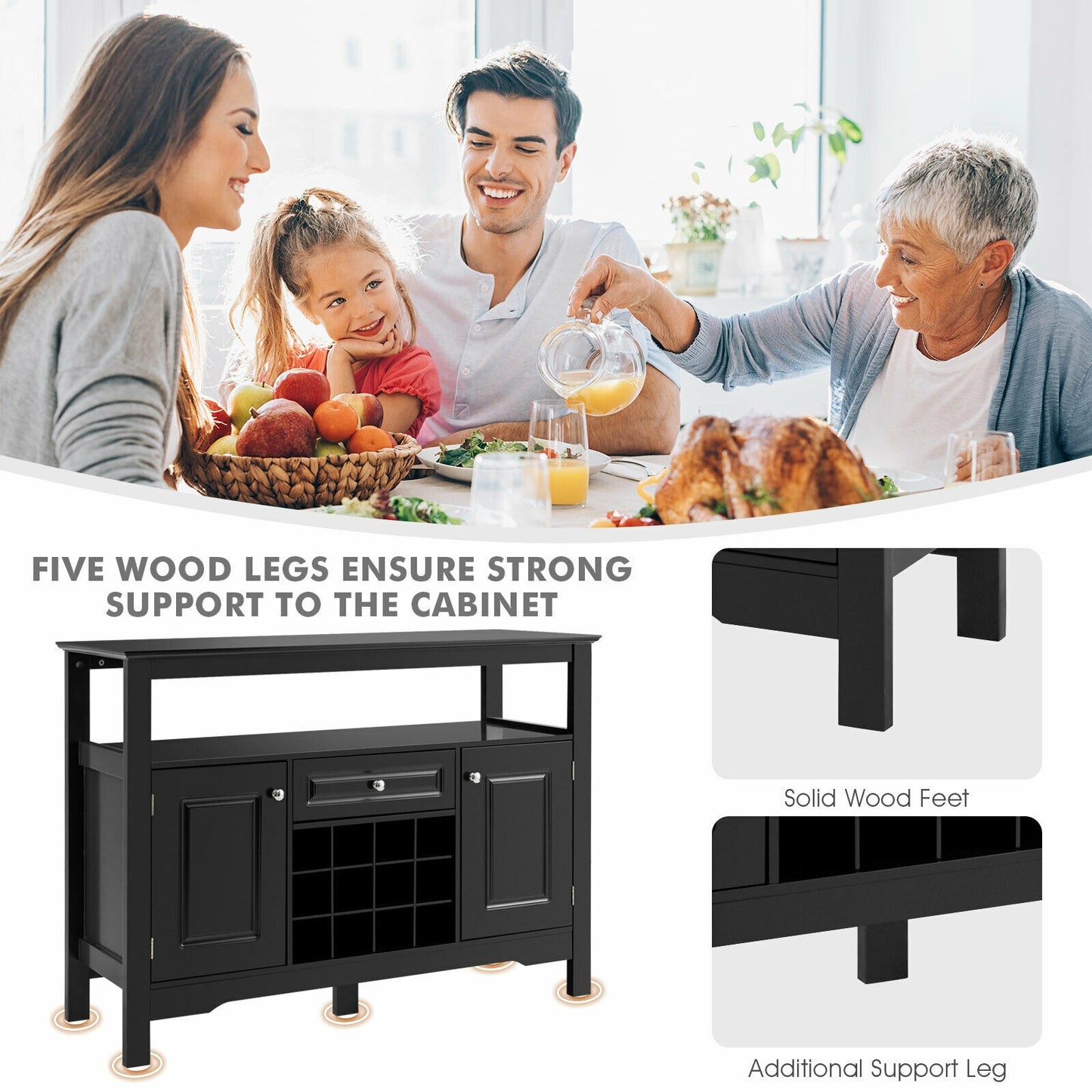Freestanding Wine Buffet Cabinet with 12 Bottle Rack Storage Drawer and Side Cupboards - Black
