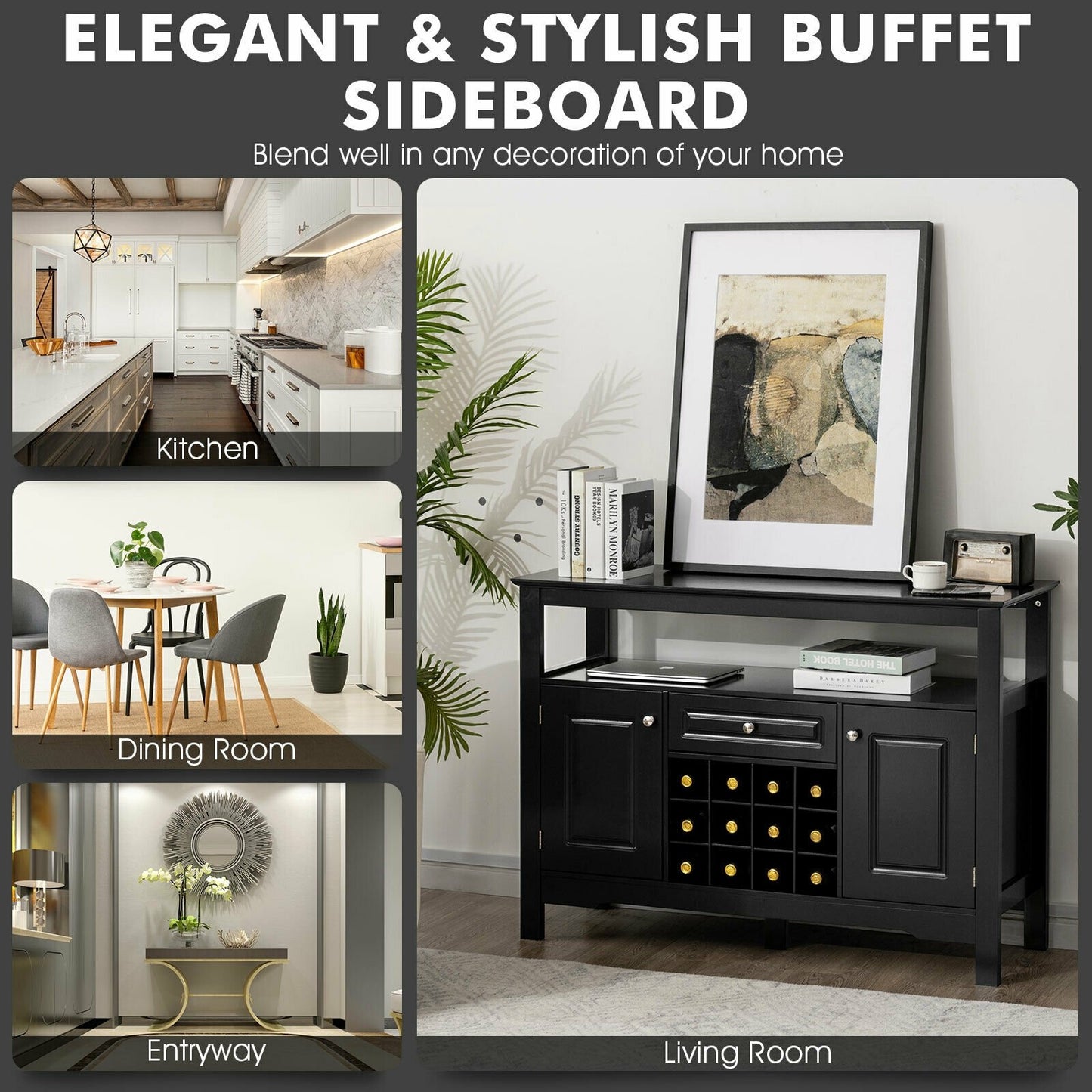 Freestanding Wine Buffet Cabinet with 12 Bottle Rack Storage Drawer and Side Cupboards - Black