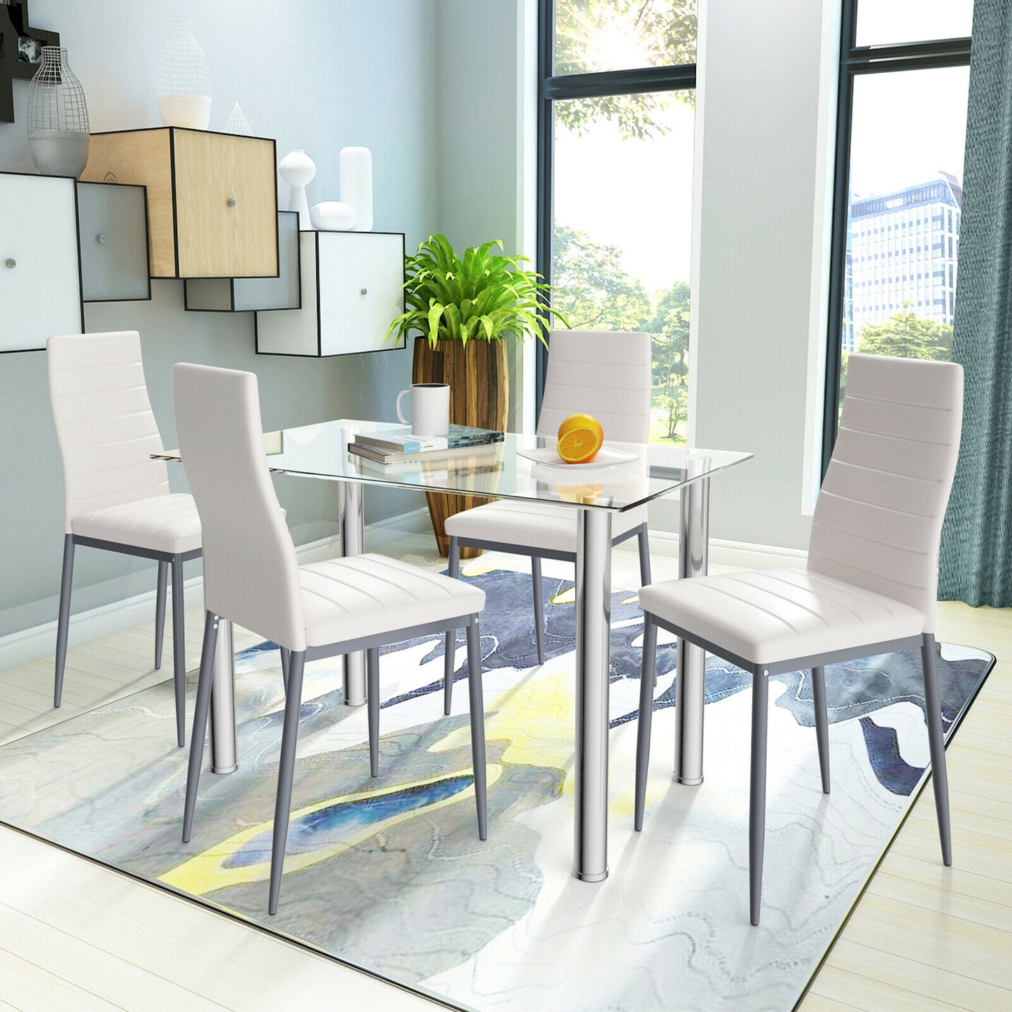 Modern 5 Piece Dining Set with Tempered Glass Table and 4 PU Leather Upholstered Chairs
