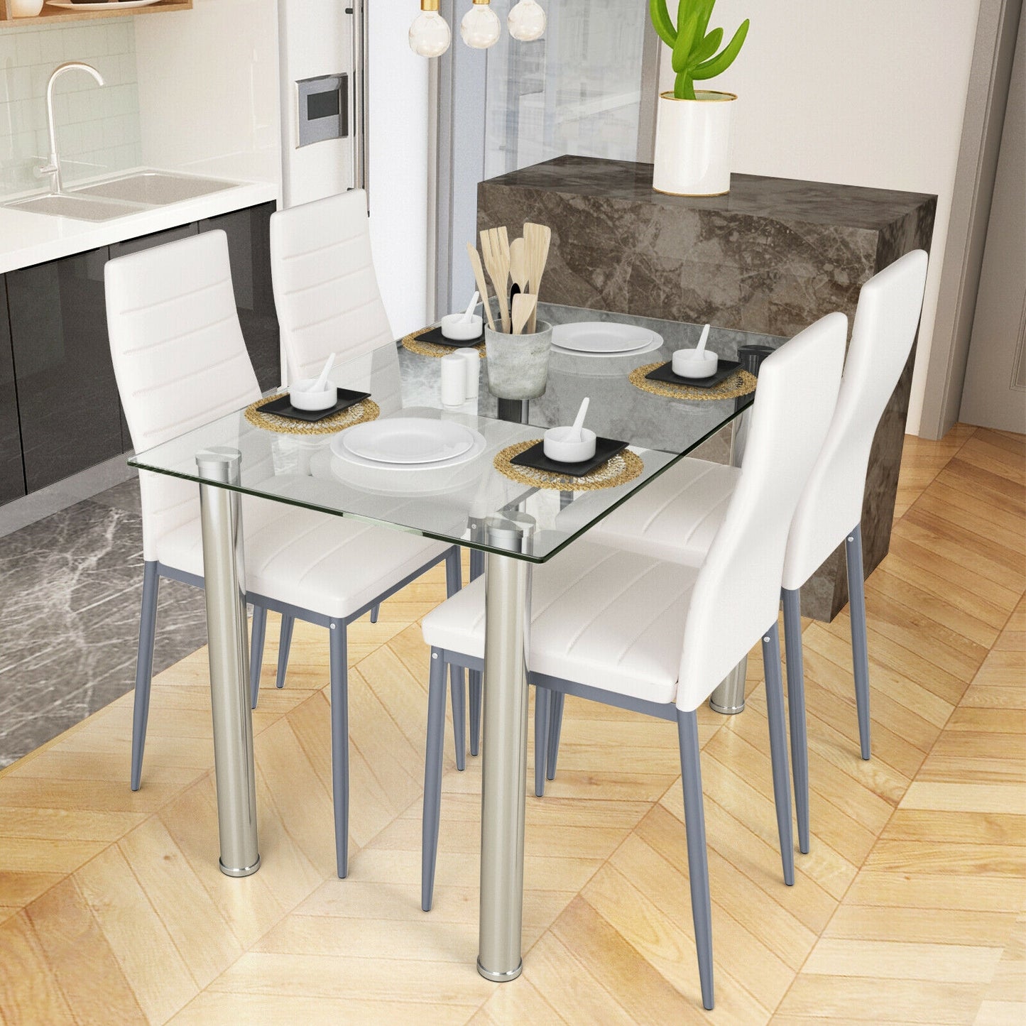 Modern 5 Piece Dining Set with Tempered Glass Table and 4 PU Leather Upholstered Chairs