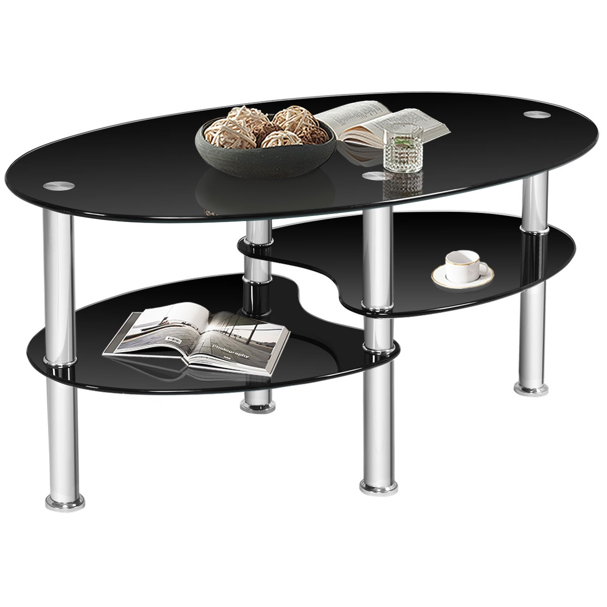 Oval Tempered Glass Coffee Table with Double Storage Shelves and Metal Frame - Black