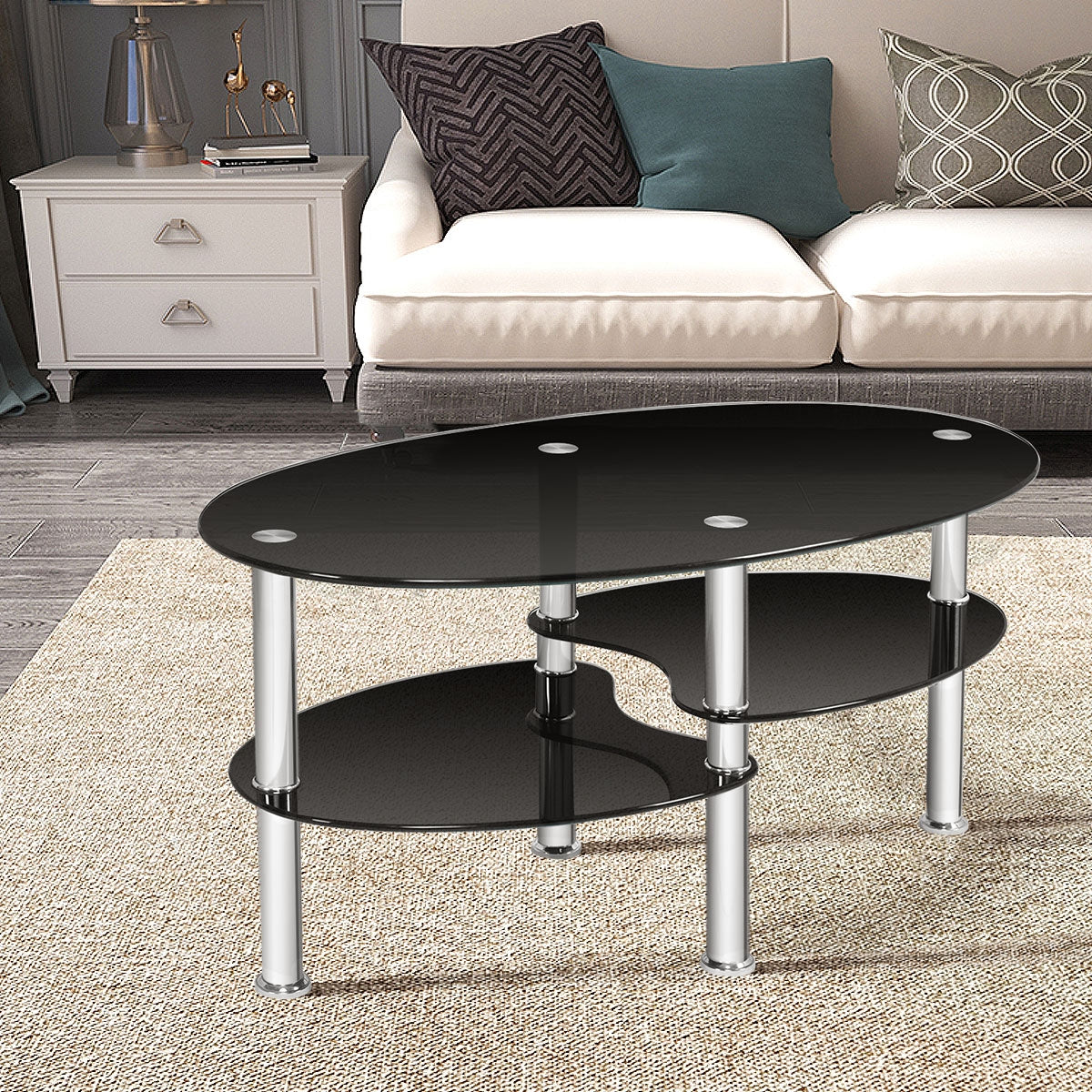 Oval Tempered Glass Coffee Table with Double Storage Shelves and Metal Frame - Black