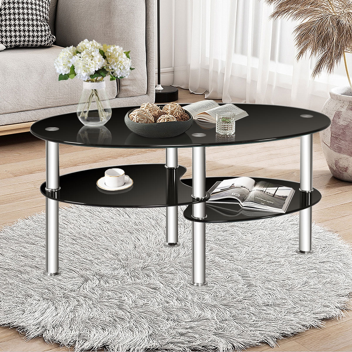 Oval Tempered Glass Coffee Table with Double Storage Shelves and Metal Frame - Black