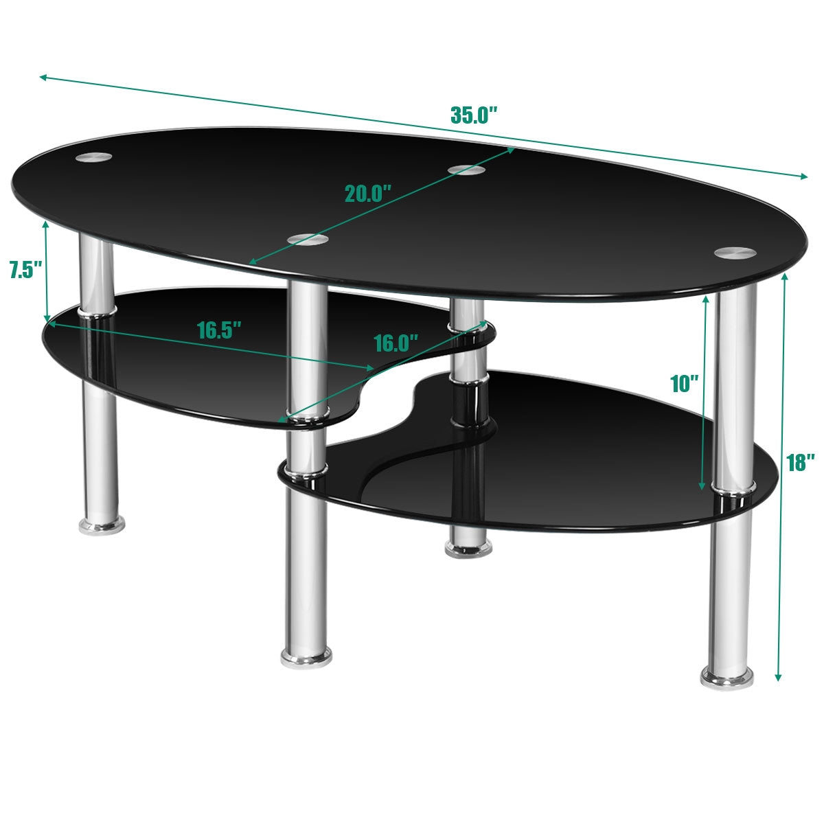 Oval Tempered Glass Coffee Table with Double Storage Shelves and Metal Frame - Black